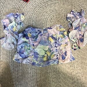 Purple and Blue Ruched Puff Sleeve Blouse